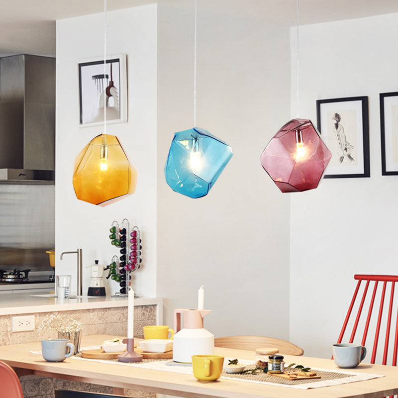Faceted Grey/Orange/Purple Glass Pendant Lighting Contemporary 1 Light Dining Room Led Hanging Lamp Fixture