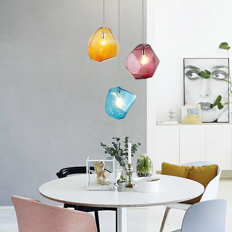 Faceted Grey/Orange/Purple Glass Pendant Lighting Contemporary 1 Light Dining Room Led Hanging Lamp Fixture