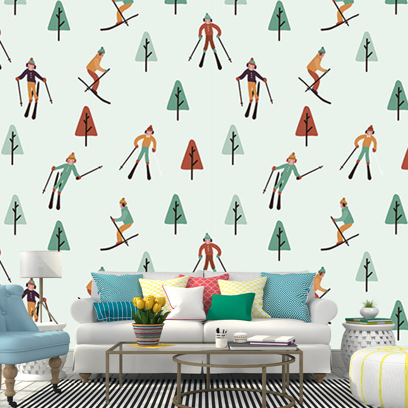 Skiers and Snow Forest Murals in Green-Red, Childrens Art Wall Covering for Kids Bedroom
