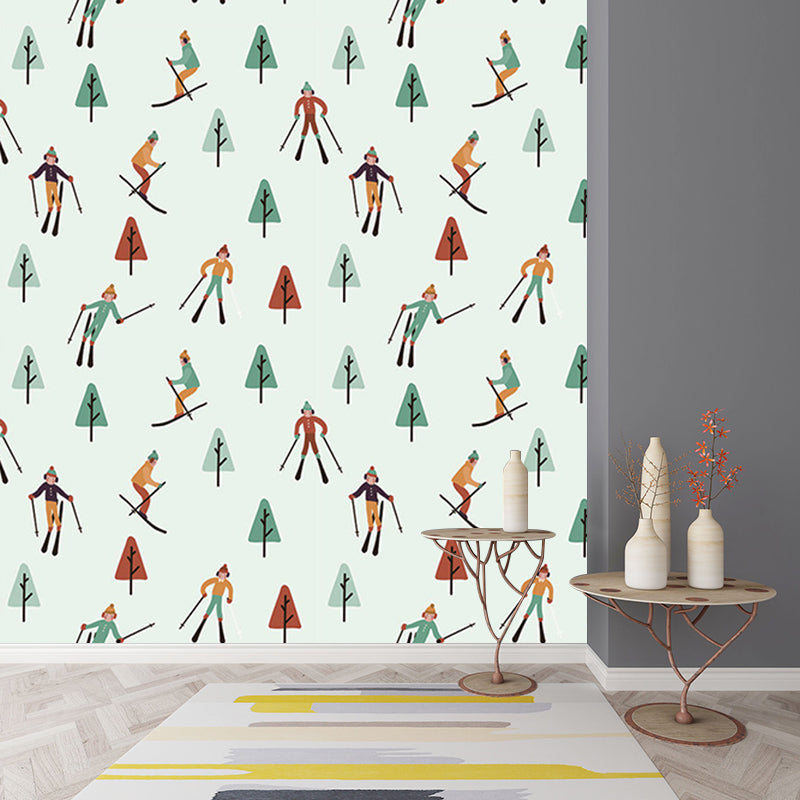 Skiers and Snow Forest Murals in Green-Red, Childrens Art Wall Covering for Kids Bedroom