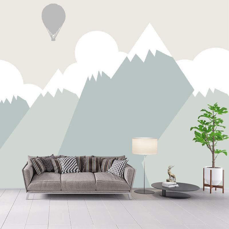 Hot Air Balloon Wall Murals in Grey and Green, Kids Style Mountain Wall Decor for Home