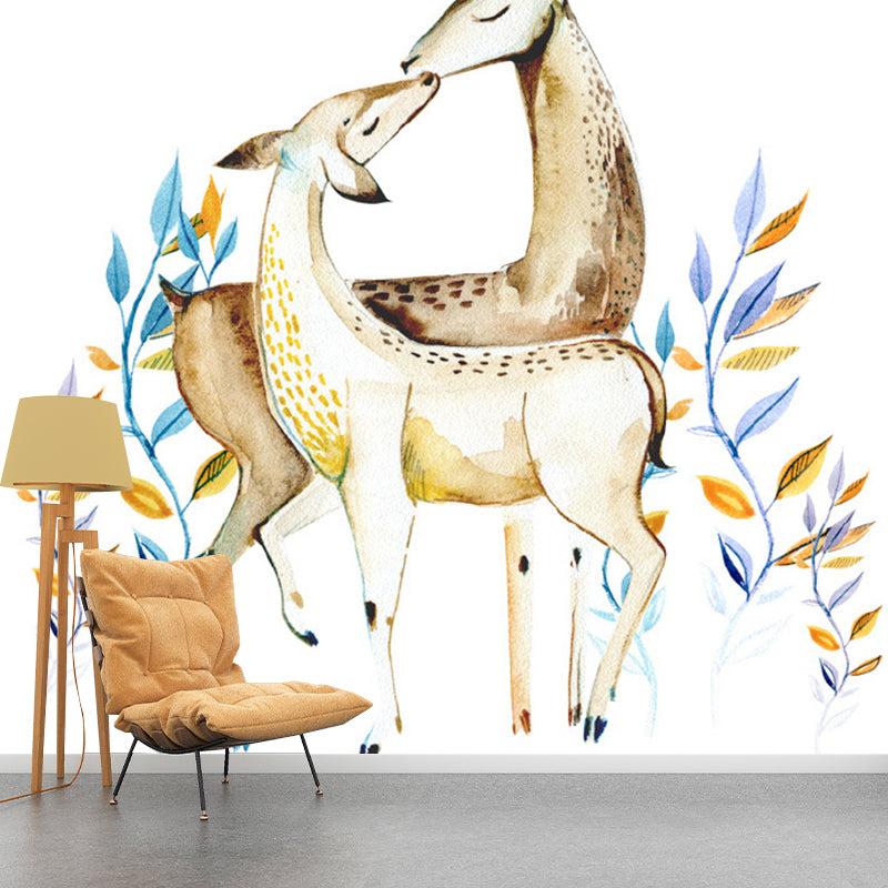 Tropical Deers Wall Paper Murals Modern Style Non-Woven Fabric Wall Covering in Brown