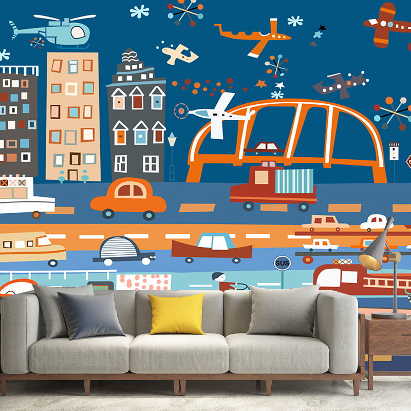 Blue-Orange Transportation Wall Murals Stain Resistant Childrens Art Bedroom Wall Covering
