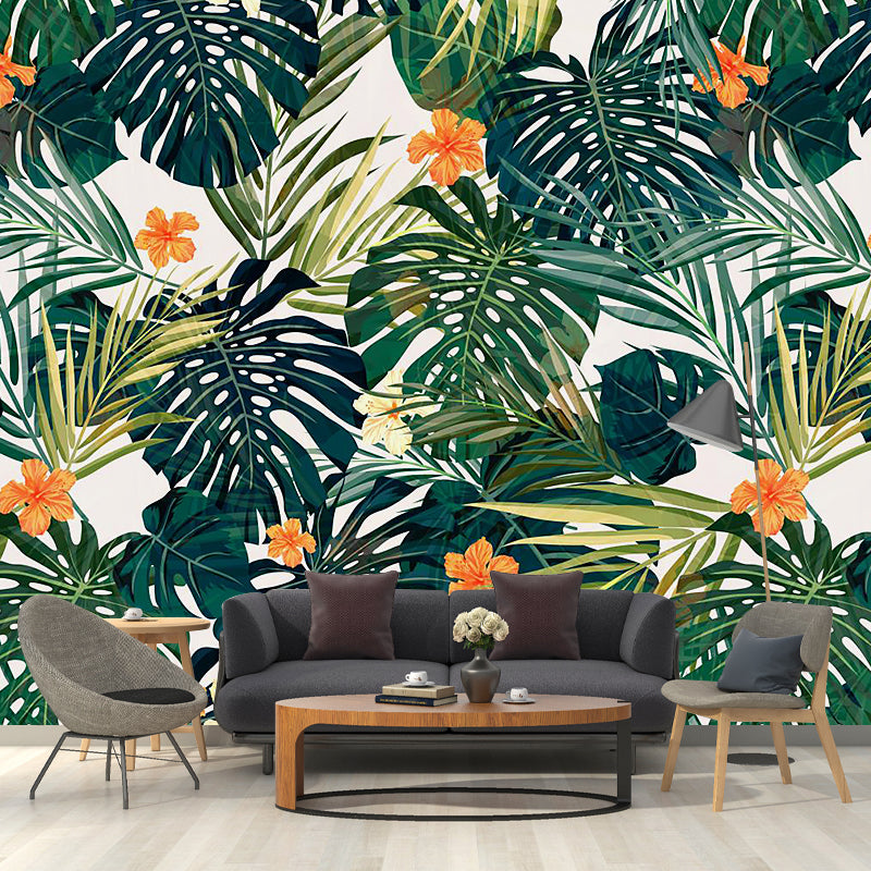Tropics Leaf and Flower Mural Wallpaper for Living Room Personalized Wall Decor in Orange-Green