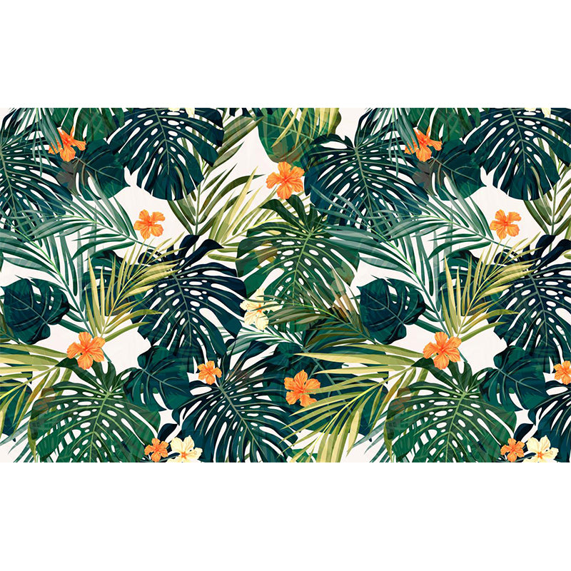 Tropics Leaf and Flower Mural Wallpaper for Living Room Personalized Wall Decor in Orange-Green