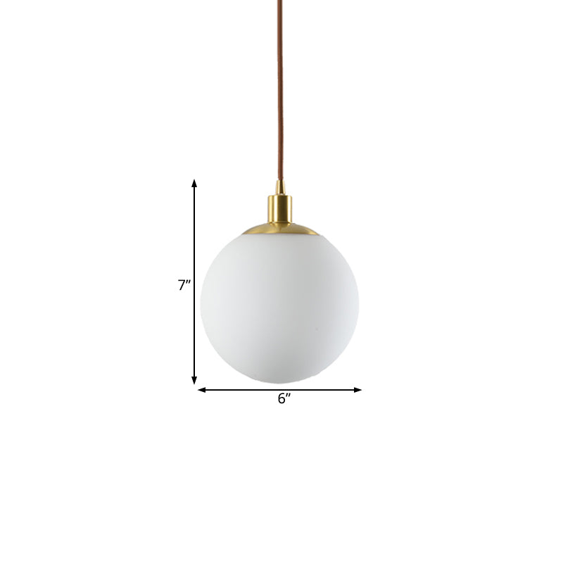 6"/8"/10" Wide Milky Glass Ball Pendant Light Post Modern Led Hanging Ceiling Lamp in Brass