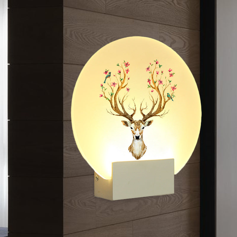 Circular Guest Room Elk Deer Mural Light Acrylic LED Oriental Style Wall Light Fixture in White