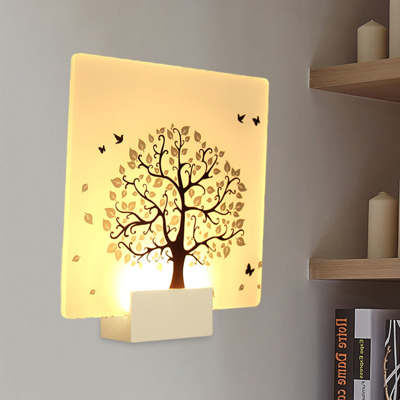 Weißer quadratischer Baum- und Vogelwandlicht LED -LED -Acrylwand Wandlampe für Wohnzimmer