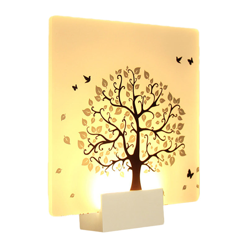 White Square Tree and Bird Wall Light Nordic Style LED Acrylic Wall Mural Lamp for Living Room