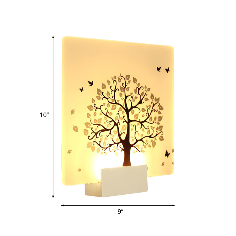 White Square Tree and Bird Wall Light Nordic Style LED Acrylic Wall Mural Lamp for Living Room