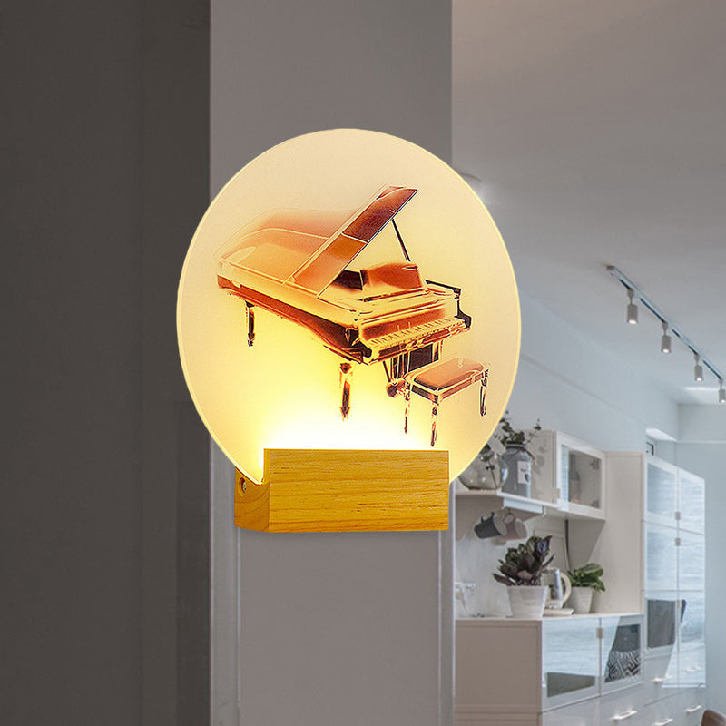 Idée d'éclairage mural à piano arrondi en acrylique simplicité style mural LED Lampe en bois pour chambre à coucher
