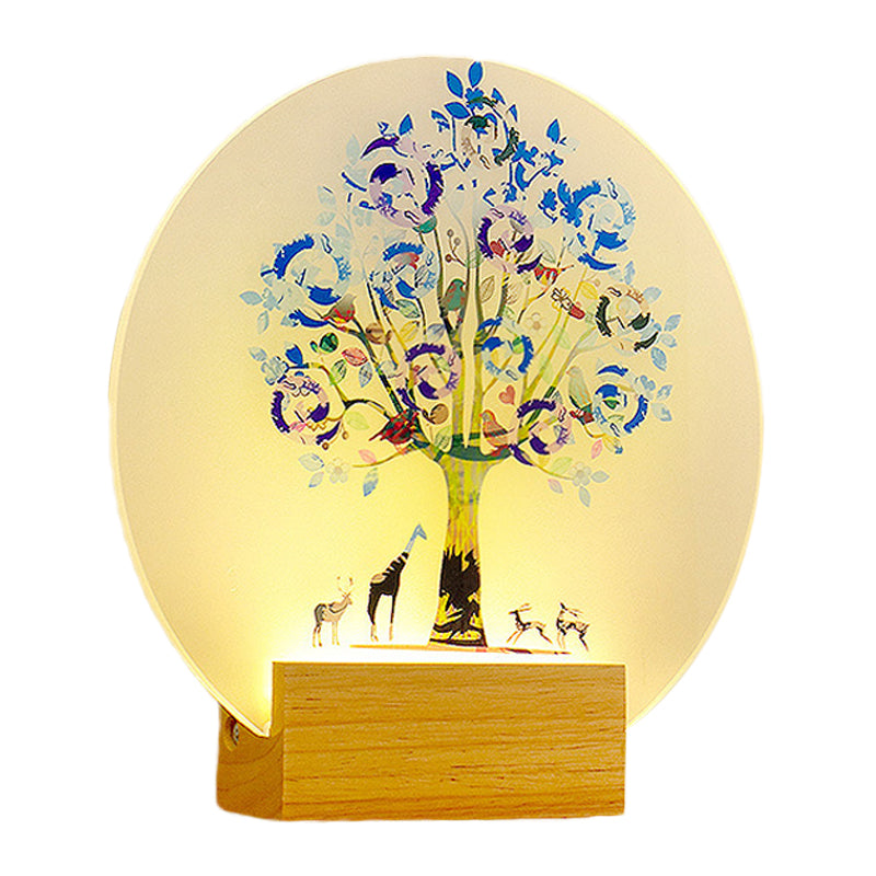 Nordic LED Wall Mural Lamp Acrylic Wood Circular Tree and Animal Wall Lighting Fixture