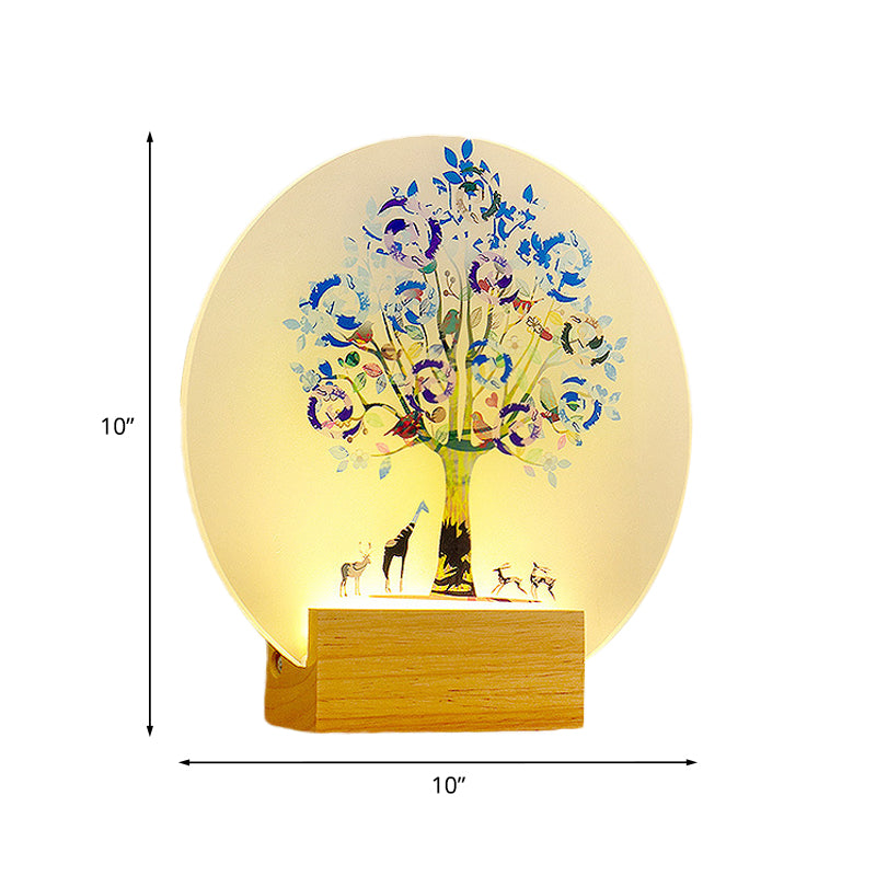 Nordic LED Wall Mural Lamp Acrylic Wood Circular Tree and Animal Wall Lighting Fixture