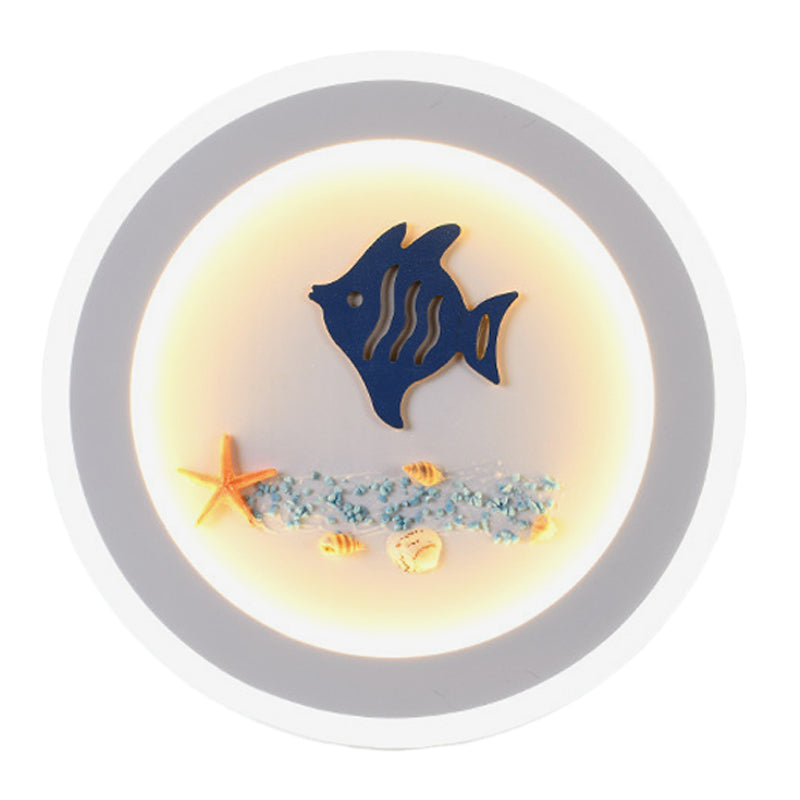 White Round Wall Light Fixture Contemporary Style LED Acrylic Wall Mural Lamp with Fish and Sea Star Pattern