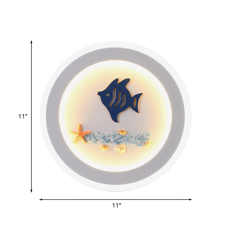 White Round Wall Light Fixture Contemporary Style LED Acrylic Wall Mural Lamp with Fish and Sea Star Pattern