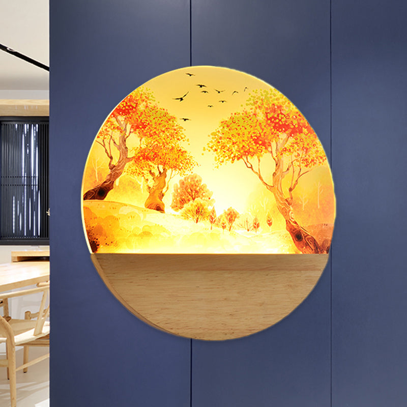 Acrylic Circular Autumn Trees Wall Lighting Nordic Style LED Wood Wall Mural Light for Corridor