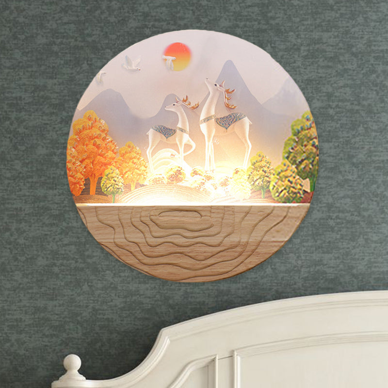 Wood Rounded Elk and Mountain Mural Lamp Minimalist Style LED Acrylic Wall Mount Light Fixture