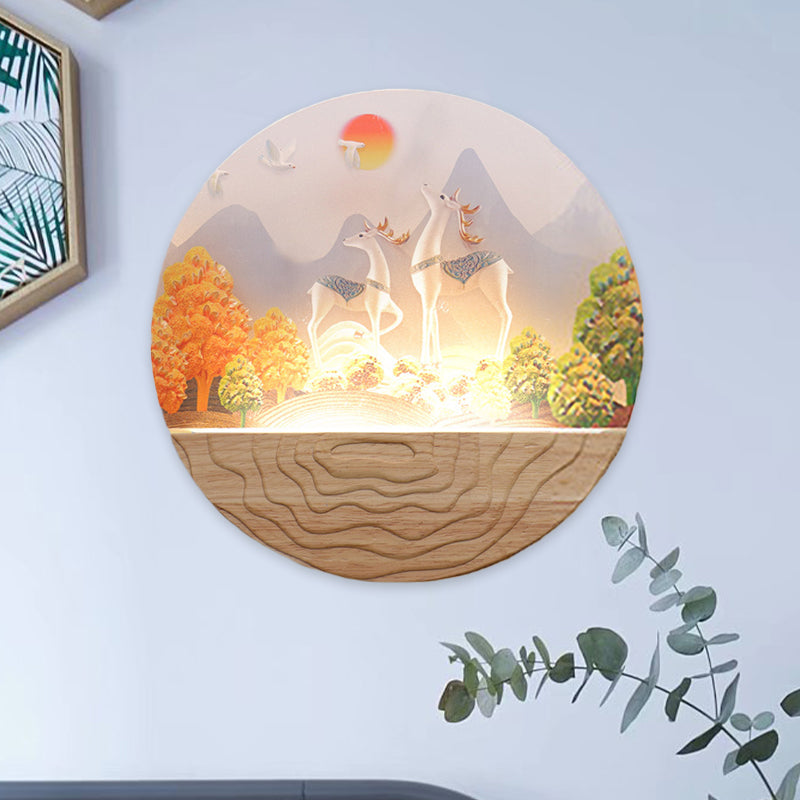 Wood Rounded Elk and Mountain Mural Lamp Minimalist Style LED Acrylic Wall Mount Light Fixture