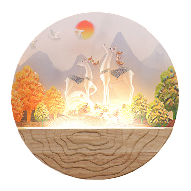 Wood Rounded Elk and Mountain Mural Lamp Minimalist Style LED Acrylic Wall Mount Light Fixture