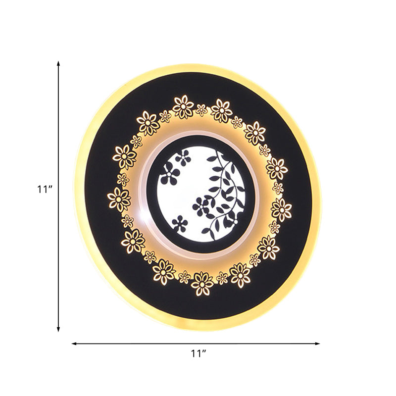 Rounded Corridor Wall Mount Light Fixture Acrylic LED Simple Wall Mural Lamp in Black with Feather/Blossom Pattern