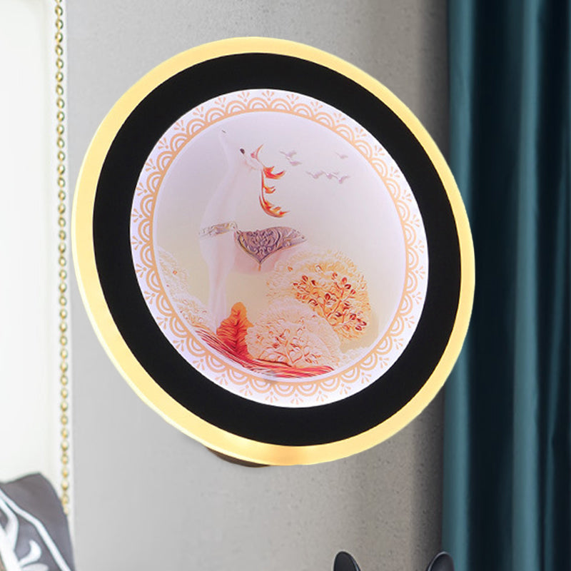 Pink/Blue Circular Wall Mural Light Asia Style LED Acrylic Wall Lighting Idea with Deer/Castle Pattern
