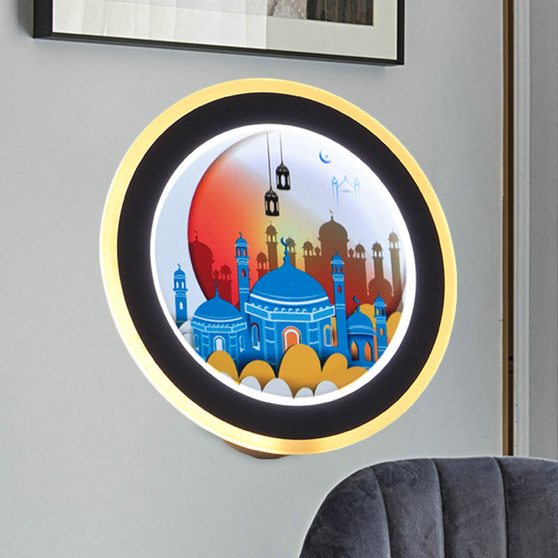 Pink/Blue Circular Wall Mural Light Asia Style LED Acrylic Wall Lighting Idea with Deer/Castle Pattern