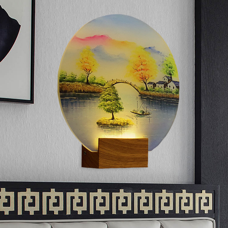 Simplicity Style LED Mural Light Acrylic Wood Circular Wall Lighting Fixture with Bridge and Water Design