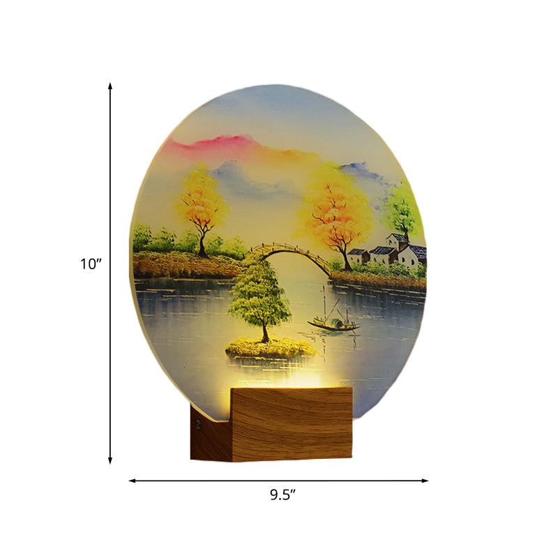 Simplicity Style LED Mural Light Acrylic Wood Circular Wall Lighting Fixture with Bridge and Water Design