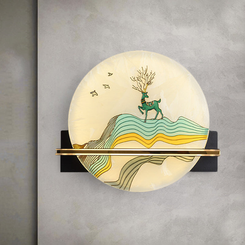 Black Rounded Wall Mural Lamp Oriental Style LED Acrylic Wall Mounted Light with Elk Deer/Fish Pattern