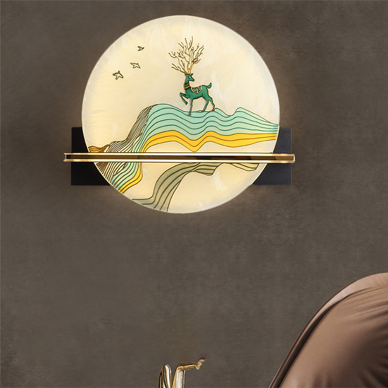 Black Rounded Wall Mural Lamp Oriental Style LED Acrylic Wall Mounted Light with Elk Deer/Fish Pattern
