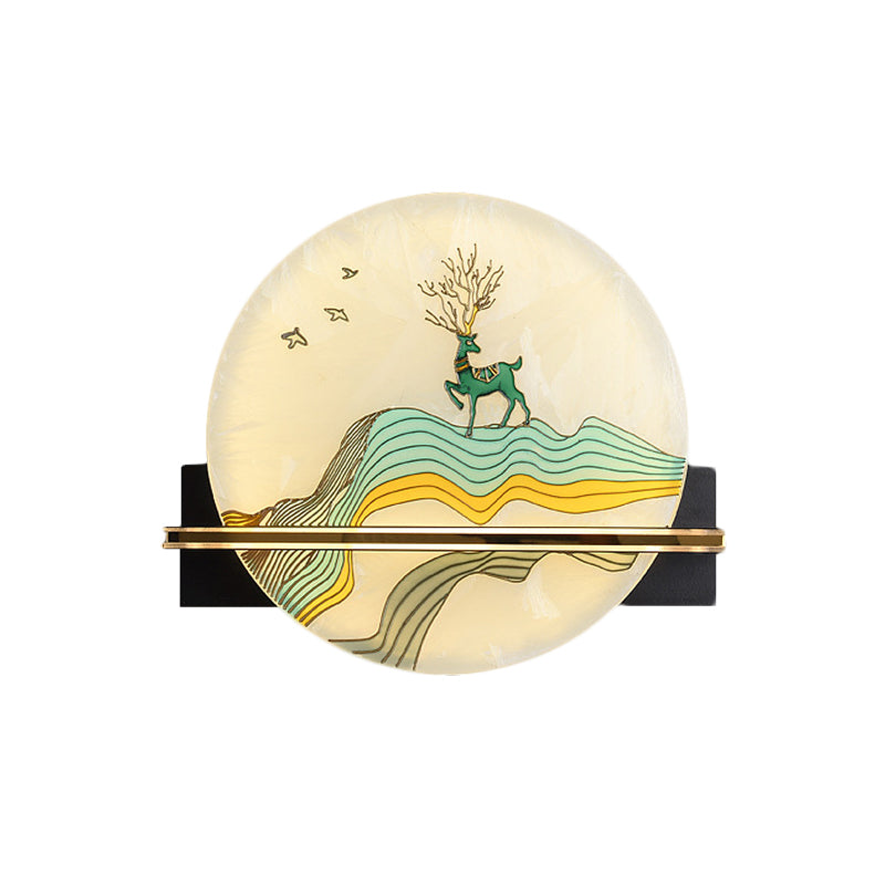 Black Rounded Wall Mural Lamp Oriental Style LED Acrylic Wall Mounted Light with Elk Deer/Fish Pattern