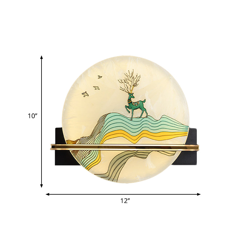 Black Rounded Wall Mural Lamp Oriental Style LED Acrylic Wall Mounted Light with Elk Deer/Fish Pattern