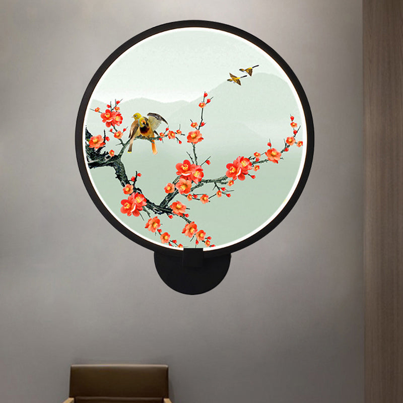 Circular Natural View Wall Lamp Chinese Metal LED Black Wall Mural Light for Bedroom