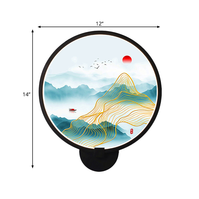 Circular Natural View Wall Lamp Chinese Metal LED Black Wall Mural Light for Bedroom