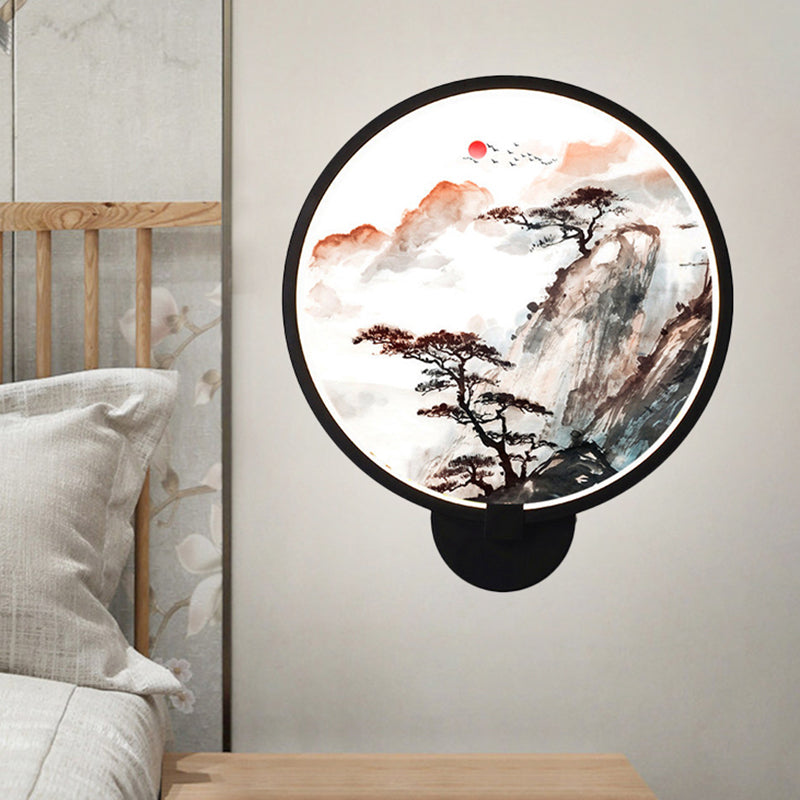 LED Hallway Wall Lighting Fixture Chinese Black Pine Tree and Mountain Mural Light with Round Acrylic Shade