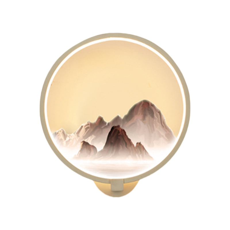 Oriental Style LED Wall Mural Lamp Metal White Circular Shaped Wall Lighting Idea with Mountain Pattern