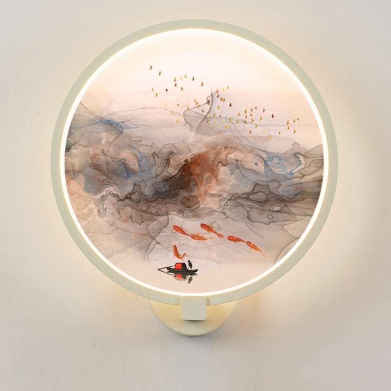 White Rounded Fish and Bird Wall Light Chinese Style LED Acrylic Wall Mural Lamp for Hallway