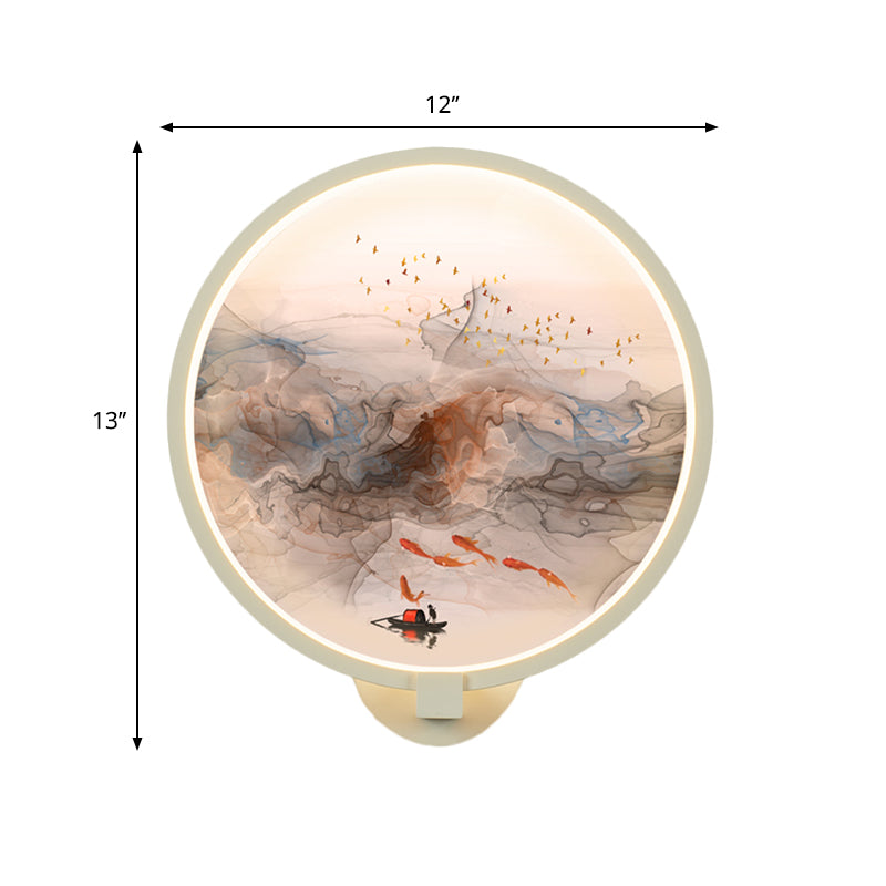 White Rounded Fish and Bird Wall Light Chinese Style LED Acrylic Wall Mural Lamp for Hallway
