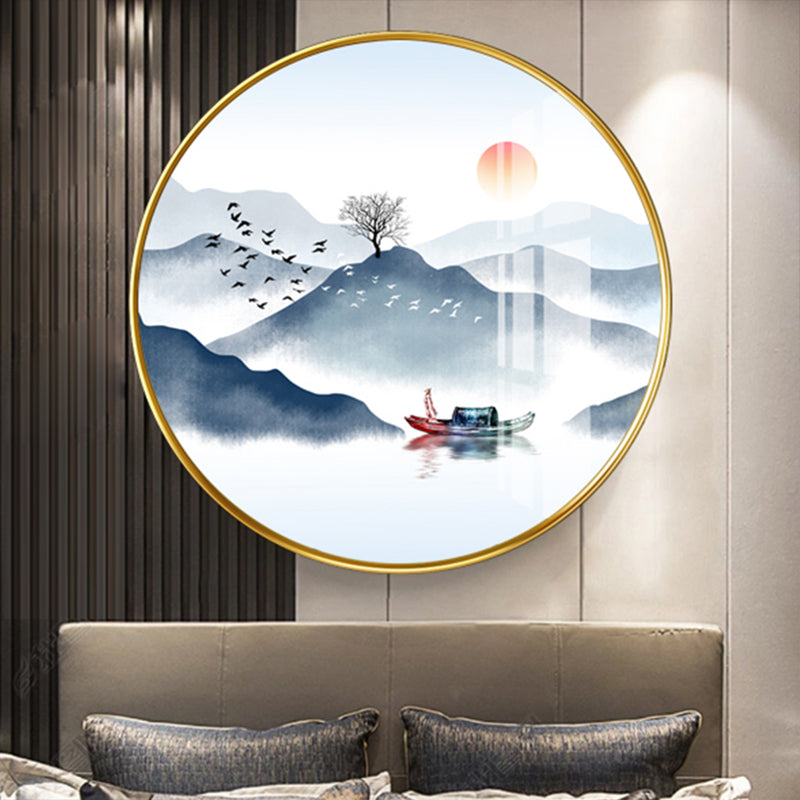 Fabric Round Wall Lighting Fixture Chinese Style LED Mountain Wall Mural Light in Gold