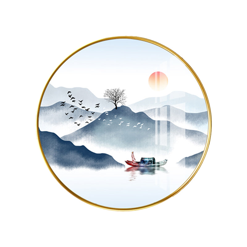 Fabric Round Wall Lighting Fixture Chinese Style LED Mountain Wall Mural Light in Gold