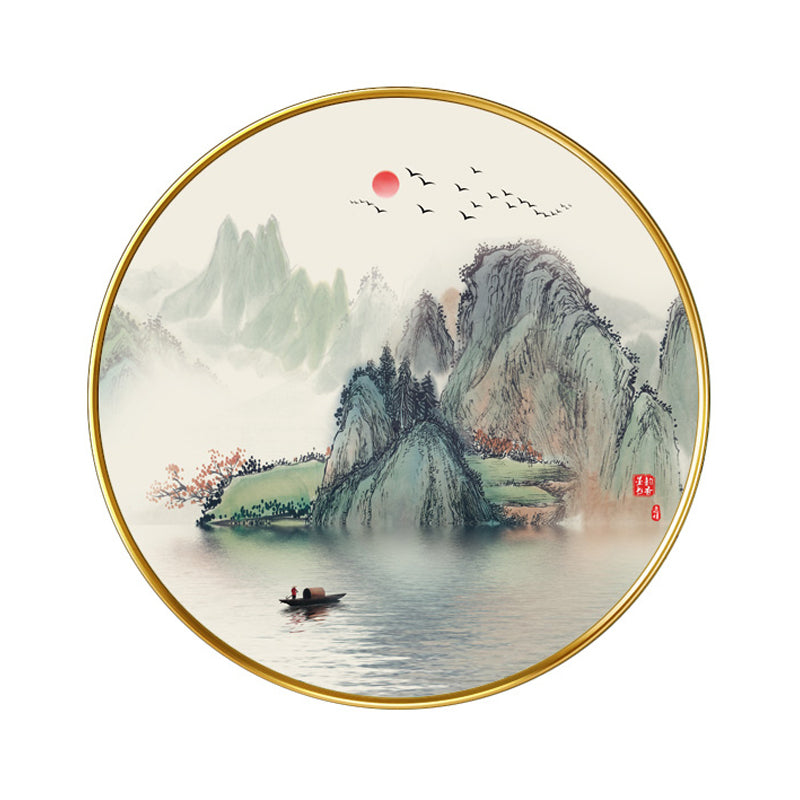 Asia Circular Acrylic Wall Mount Lamp LED Wall Mural Light in Gold with Lake and Mountain Pattern