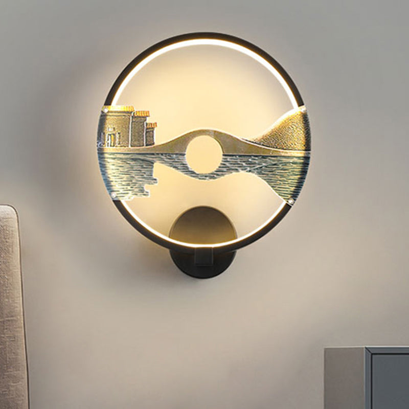 Black/White Round Bridge Wall Mural Light Oriental Style LED Acrylic Wall Mount Light Fixture