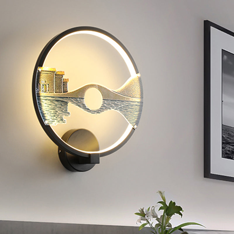 Black/White Round Bridge Wall Mural Light Oriental Style LED Acrylic Wall Mount Light Fixture