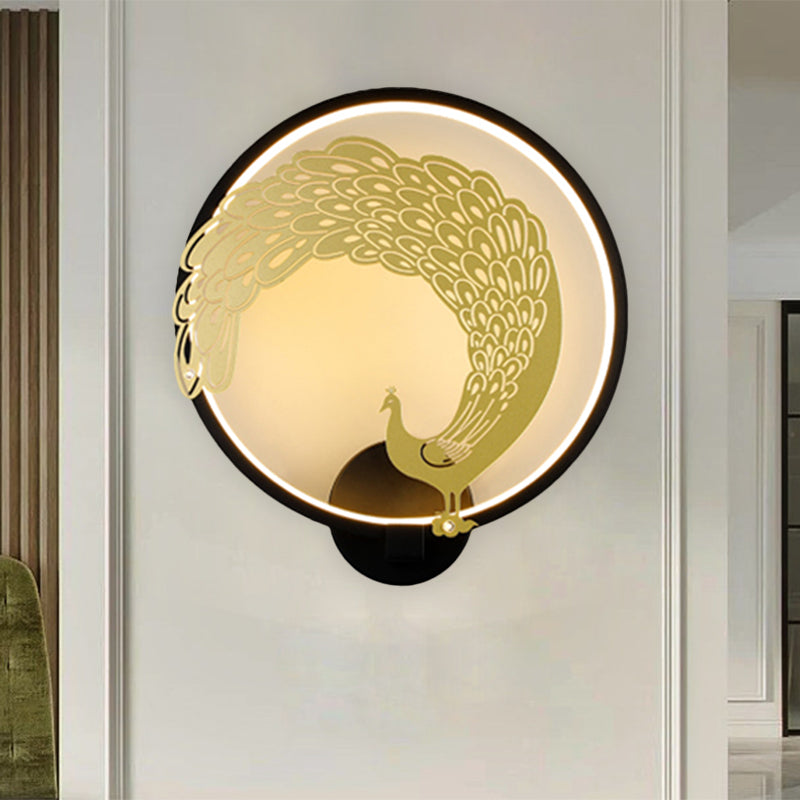 Acrylic Circular Wall Mural Lamp Chinese Style LED Wall Mounted Light Fixture in Black/White for Left/Right Side