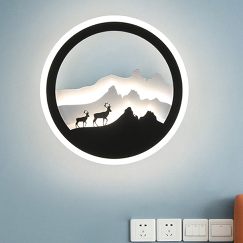 Acrylic Round Deer and Mountain Wall Light Chinese Style LED Black and White Wall Mural Lamp