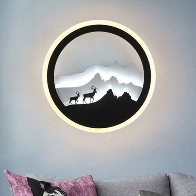 Acrylic Round Deer and Mountain Wall Light Chinese Style LED Black and White Wall Mural Lamp