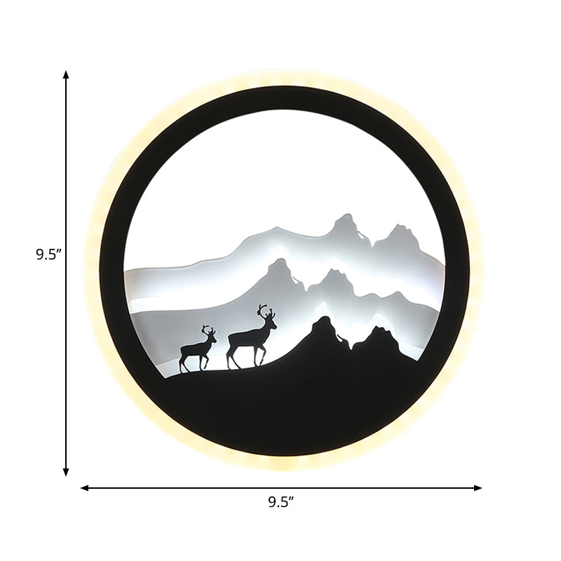 Acrylic Round Deer and Mountain Wall Light Chinese Style LED Black and White Wall Mural Lamp