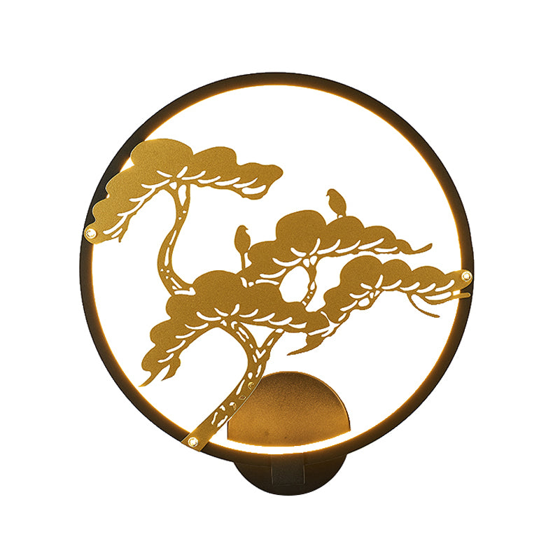 Chinese Style LED Wall Mural Lamp Metal Black/White Circular Pine Tree Patterned Wall Lighting