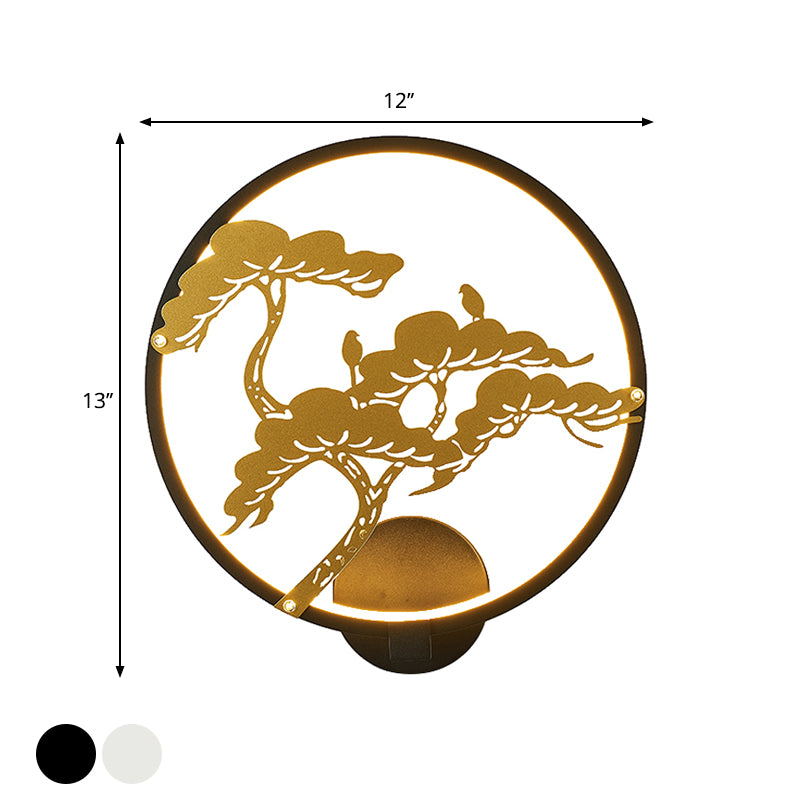 Chinese Style LED Wall Mural Lamp Metal Black/White Circular Pine Tree Patterned Wall Lighting