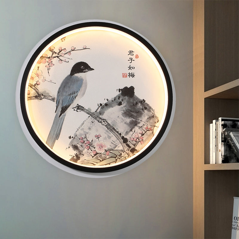 Oriental Style Circular Metallic Mural Lamp LED Wall Mounted Light in Black with Blossom/Bird Pattern